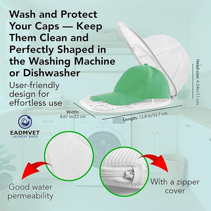 Hat Washer Cage Set – Baseball Cap Washer for Washing Machine or Dishwasher, Protects Flat & Curved Hats, 1 Pack White + Shoe Washing Machine Bag (Grey) & Mesh Laundry Bag