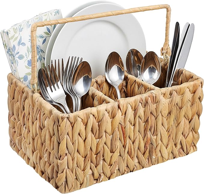 Hand-Woven Wicker Silverware Organizer - Water Hyacinth Cutlery Holder for Countertop with Handle (1-Pack)
