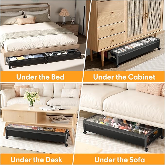 Under Bed Storage with Wheels，4 Pack Under Bed Storage Containers,Underbed Shoe Storage Bedroom Large Capacity Under Bed Storage with Lid for Clothes Shoes Toys Blankets
