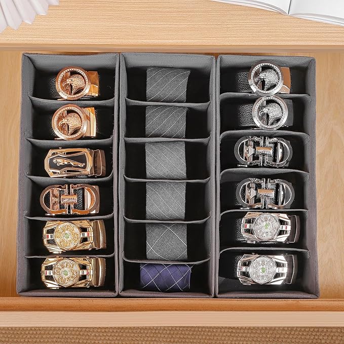 3 Packs Fabric Belt Organizer, 6 Grids Belt Organizer for Closet and Drawer, Foldable Dresser Drawer Organizers, Tie Storage -Dark Grey