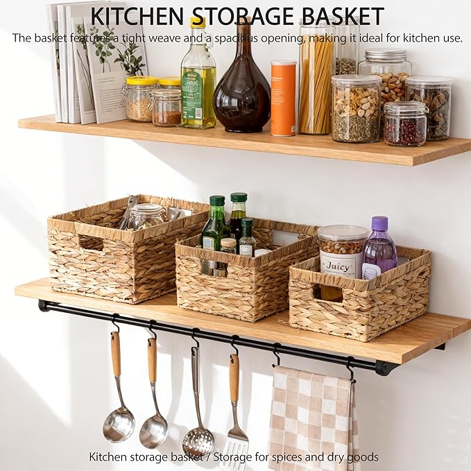 Storage Baskets,Woven Natural Water hyacinth Box with Handle,Kingwillow.(Set of 3)