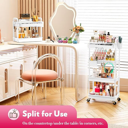 SUNALLY Makeup Cart Organizer with Drawers, 4 Tier Floor Skincare Organizers for Vanity, Rolling Makeup Bathroom Storage Cart Cosmetics Display Cases for Skin Care Perfume Nail Polish, White