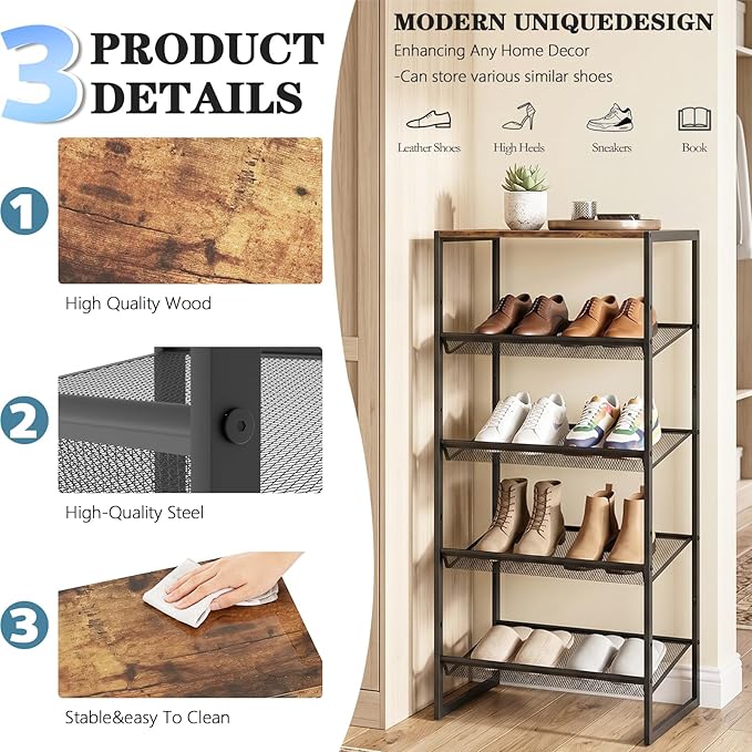 Shoe Rack，5 Tier Shoe Storage Organizer，Sturdy Shoe Shelf,Boot Rack with a Fine Mesh Shelves，for Entryway, Living Room, Hallway，Small Space,11.8 x 16.5 x 27.9 Inches,Brown