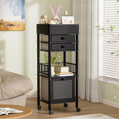 Amazer Bamboo Makeup Organizer Cart with 3 Drawers, Floor Skin Care Storage for Bathroom Bedroom, Rolling Vanity Organizer Cart for Cosmetic, Nail Polish, Perfume and Hair Tools, Black