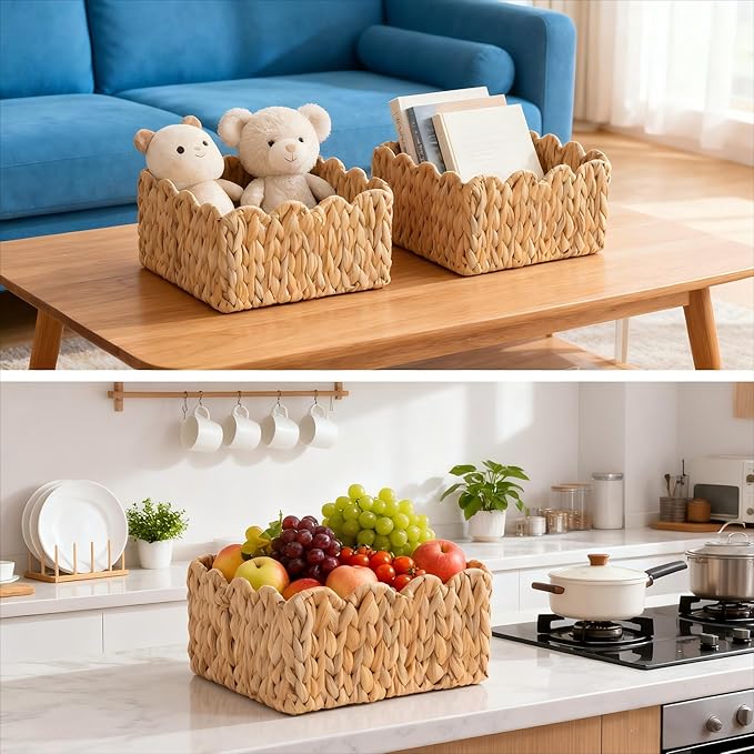Scalloped Basket, Wicker Storage Baskets, Hand Woven Baskets for Shelves,Natural Baskets for Organizing (Water Hyacinth(S-9.5" L x 9.5" W x 5.5" H))