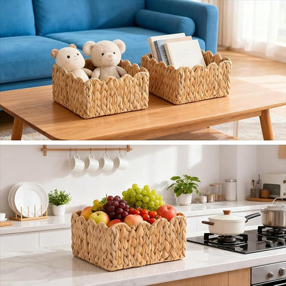 Scalloped Basket, Wicker Storage Baskets, Hand Woven Baskets for Shelves,Natural Baskets for Organizing (Water Hyacinth(S-9.5" L x 9.5" W x 5.5" H))