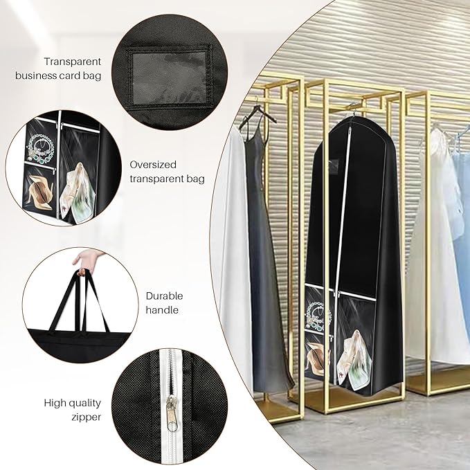 Dress Garment Bags, Long Garment Bags for Travel, 70’' Wedding Dress Cover with Handle, Foldable Clothing Bag with Pockets and Zippers, Black, 180 cm