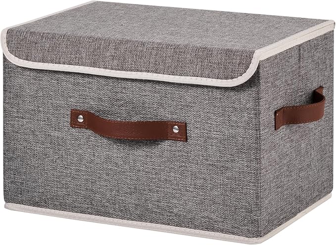 Storage Bins Box with Lids Decorative Cotton Linen Fabric Baskets Cubes with Handles PP Plastic Board Foldable Washable Lidded Clothing Shelf Closet Organizer Container (Gray, Large)