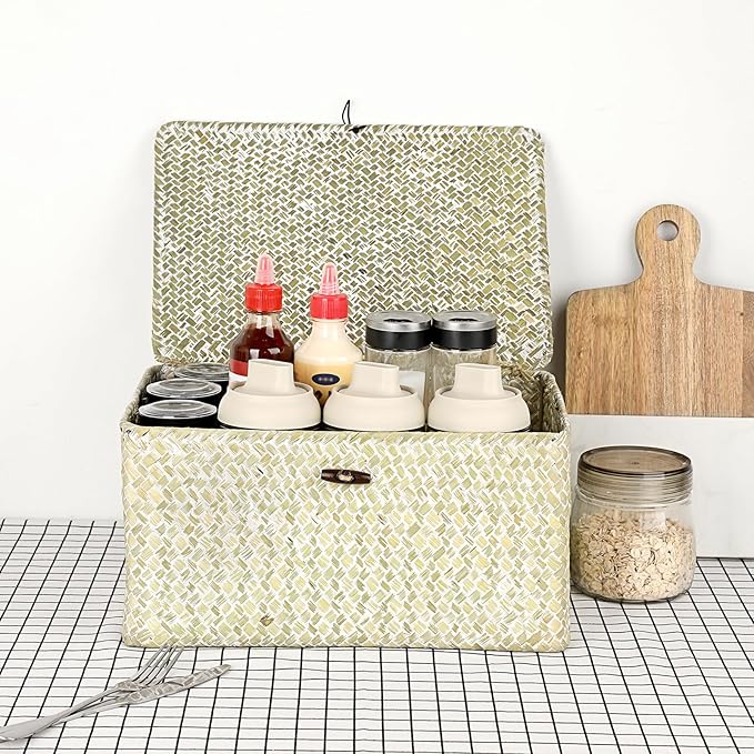 Hipiwe Wicker Shelf Baskets Bin with Lid, Large Natural Seagrass Basket Storage Bins Handwoven Rectangular Household Basket Boxes for Shelf Wardrobe Home Organizer and Decor, Whitewash