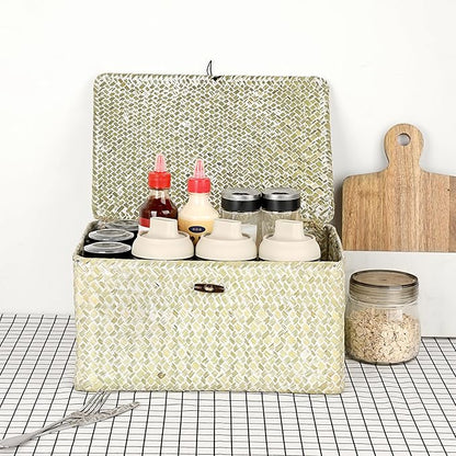 Hipiwe Wicker Shelf Baskets Bin with Lid, Large Natural Seagrass Basket Storage Bins Handwoven Rectangular Household Basket Boxes for Shelf Wardrobe Home Organizer and Decor, Whitewash