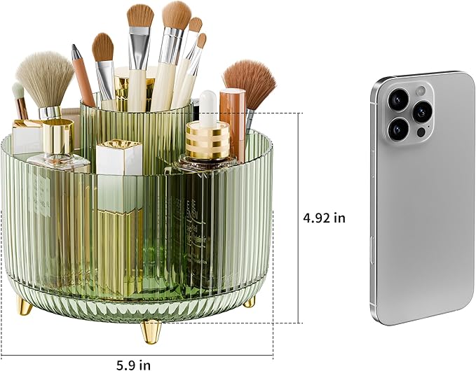 Clear Rotating Makeup Organizer Countertop for Vanity, 360° Makeup Brush Holder Organizer with 5 Compartments, Transparent Cosmetic Storage for Lipstick, Skincare, Bathroom Counter(Transparent Green)