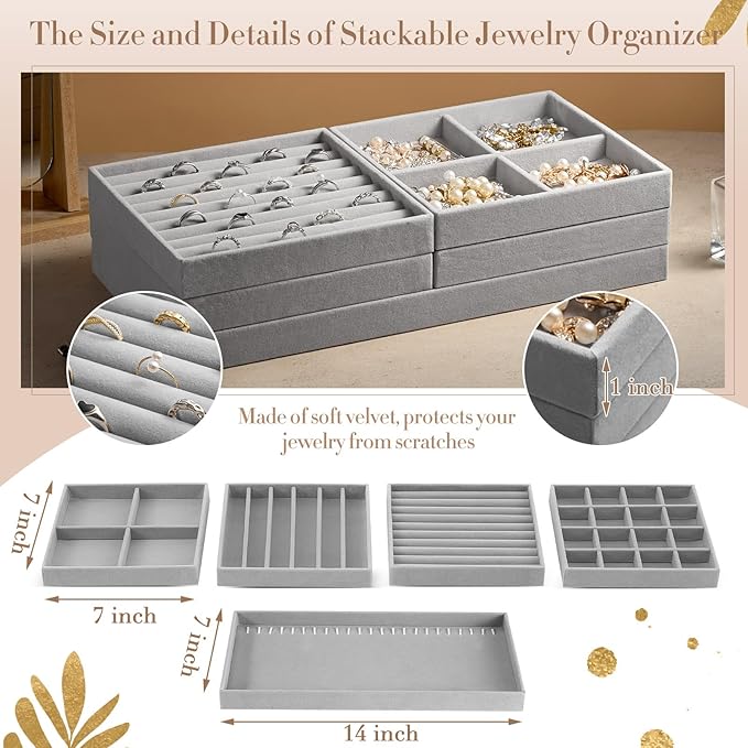 Cinnvoice Set of 5 Stackable Jewelry Organizer Trays for Drawer 14 Inch Velvet Jewelry Drawer Insert Display Storage with Removable Divider for Necklace Earring Ring Watch Bracelet (Gray)