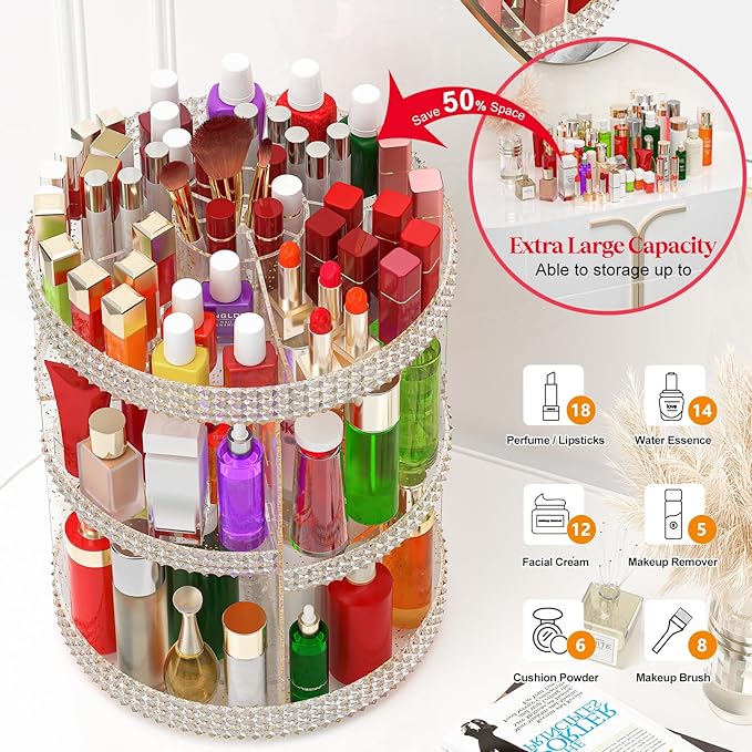 Awenia Makeup Organizer 360-Degree Rotating, Adjustable Makeup Storage, 7 Layers Large Capacity Cosmetic Storage Unit, Fits Different Types of Cosmetics and Accessories, Plus Size with Makeup Bag