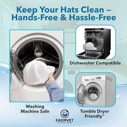 Hat Washer Cage Set – Baseball Cap Washer for Washing Machine or Dishwasher, Protects Flat & Curved Hats, 1 Pack White + Shoe Washing Machine Bag (Grey) & Mesh Laundry Bag