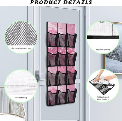Cherry Blossom Over the Door Shoe Organizer,Shoe Organizer Door Hanger,Space Saver Shoes Hanger Storage Organizer Bag with 12 Mesh Large Pockets