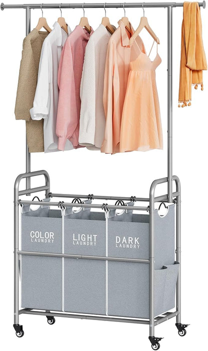 Tajsoon Laundry Sorter with Hanging Bar, 3 Section Rolling Laundry Hamper with Heavy Duty Lockable Wheels, Laundry Basket with Hanging Rack for Bedroom, 3 Gray