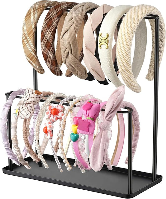 Headband Holder Organizer Metal 2-Tier with Tray: Hair Accessories Display Stand Storage Hairband Rack Necklace Stand Home Bedroom for Girls Women, Black
