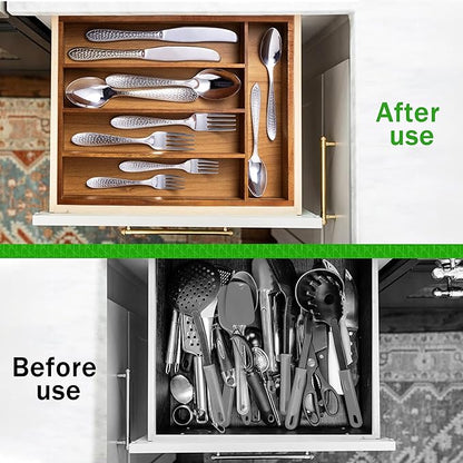 Greenual Acacia Wood Silverware Organizer 10 In Utensil Organizer Silverware Tray for Drawer Cutlery Flatware Organizer for Kitchen