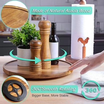 12" Acacia Wood Lazy Susan Turntable Organizer, Lazy Susan for Table Top Cabinet Dining Pantry Countertop Cupboard Organization, Decorative Tray for Kitchen Bathroom Decor Coffee Bar Accessories