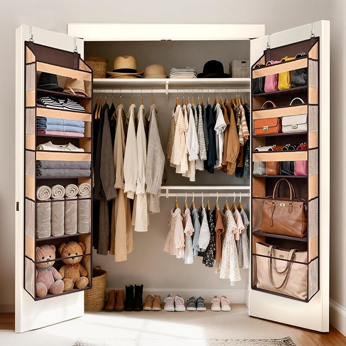 5 Tiers Over Door Organizer with 10 Mesh Side Pockets, 44 lbs Weight Capacity Hanging Storage Organizer with Clear Window Kids Toys, Shoes, Diapers, Brown