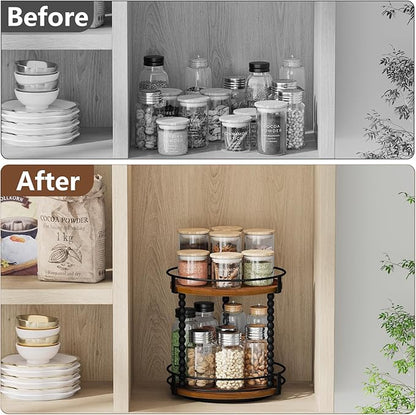 YINMIT Lazy Susan Turntable Organizer, 11.2" Rotating Spice Rack Organizer for Cabinet, Wooden 2 Tier Spinning Spice Rack for Kitchen Countertop, Table Top, Pantry, Bathroom, Brown