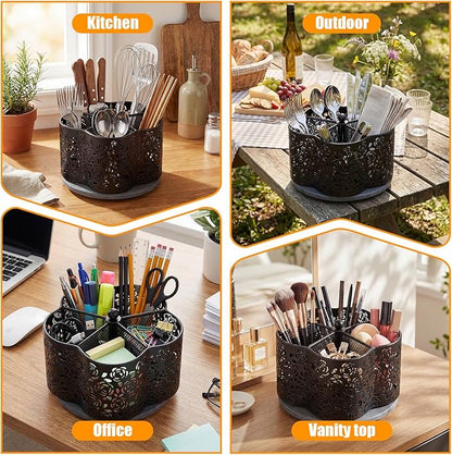 360 Degree Rotating Utensil Caddy Silverware Cutlery Caddy Holder with 5 Compartment Kitchen Countertop Organizer for Spoon Fork Flatware Storage for Home or Outdoor Picnic Camping(Black)