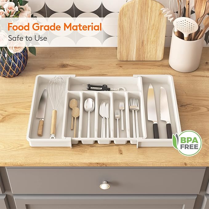 Lifewit Silverware Drawer Organizer, Expandable Utensil Tray for Kitchen, BPA Free Flatware and Cutlery Holder, Adjustable Plastic Storage for Spoons Forks Knives, 13-22 x 15", White