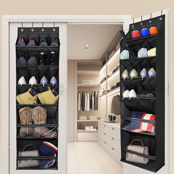 Over The Door Shoe Organizer with Large Deep Pockets - Multifunction Shoe Holder for Narrow Door Hanging - Black 16 Pockets