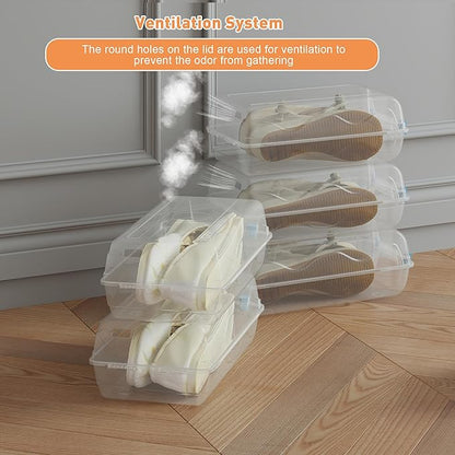Shoe Organizer for Closet, 4 Pack Plastic Shoe Storage Boxes, Space Saving Stackable Shoe Storage Bins, Sneaker Storage Containers with Clear Lids for Display, Blue