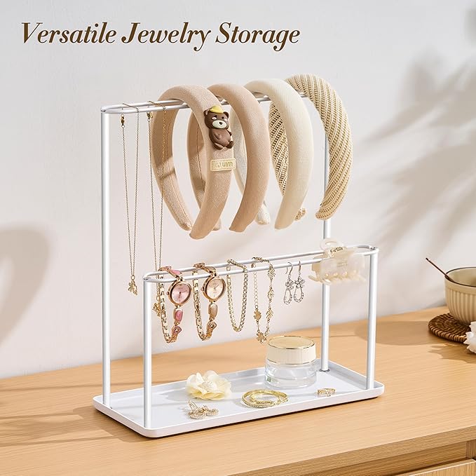 Headband Holder Organizer Metal 2-Tier with Tray: Hair Accessories Display Stand Storage Hairband Rack Necklace Stand Home Bedroom for Girls Women, White