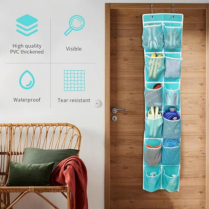 GOMAJI Over the Door Hanging Shoe Organizer, 12 Pockets, Turquoise