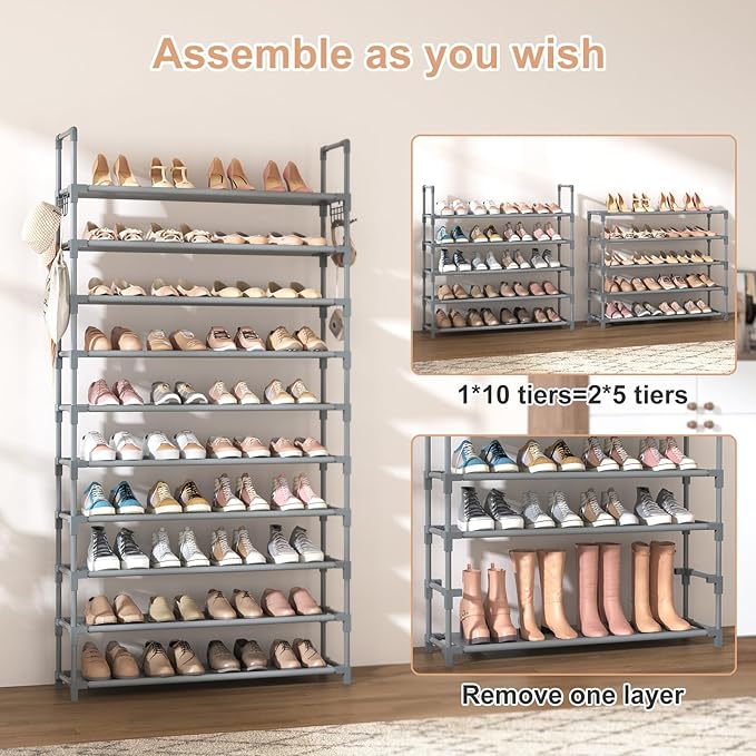VTRIN 10 Tiers Shoe Rack Tall Large Capacity Wide Shoe Organizer Sturdy Shoe Shelf for Entryway with Two Hooks Metal Shoe Storage for Closet, Bedroom, Grey