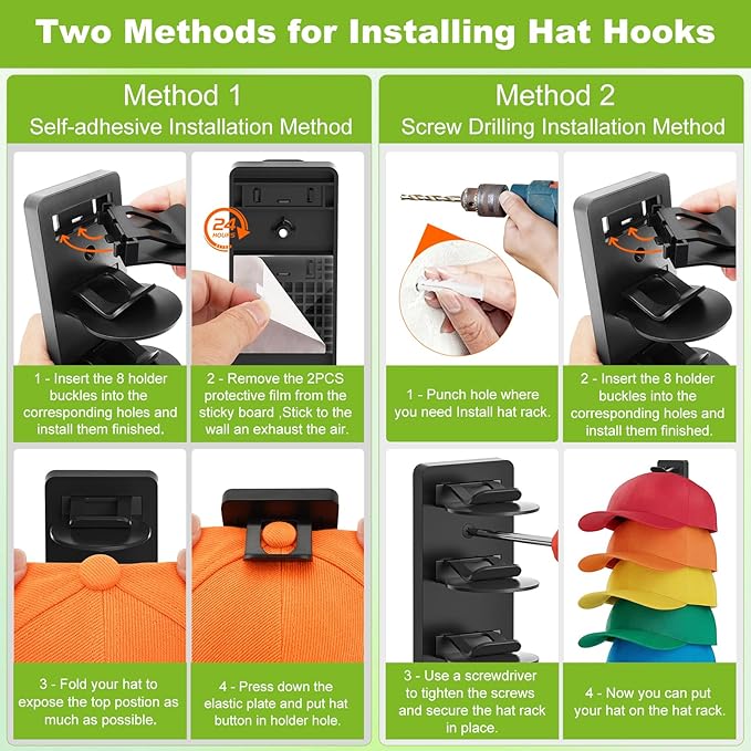 Haiou Hat Rack Hat Organizer for Baseball Caps Wall Mounted Hat Hanger Strong Adhesive Hat Hooks Hold up to 16 Hats for Home (Black+White)