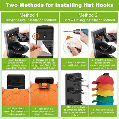 Haiou Hat Rack Hat Organizer for Baseball Caps Wall Mounted Hat Hanger Strong Adhesive Hat Hooks Hold up to 16 Hats for Home (Black+White)