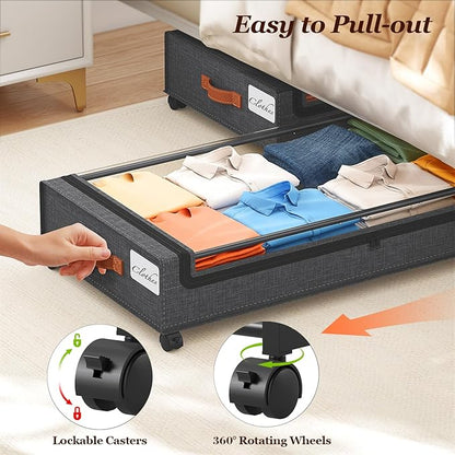 Yecaye 85 L Under Bed Storage with Wheels, 2 Pack Extra Large Under Bed Storage Containers with Metal Frame & Clear Lid, Rolling Underbed Organizer Bins Drawers for Clothes, Shoes, Blankets, Hemp Grey