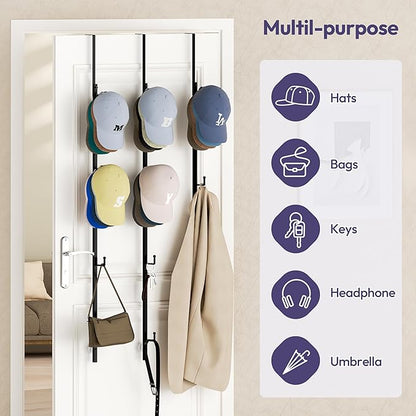 SWTYMIKI Over Door Hat Rack - 3 Packs Metal Hanging Hat Organizer with 12 Hooks Design, Baseball Cap Hanger Organizer Storage Holds up to 60 Caps for Door, Bedroom, Closet