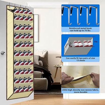 Over the Door Shoe Organizer, 20 to 30 Pairs Hanging Shoe Holder, Heavy Duty Extra Deep Pockets Shoe Storage for Closet, Anti-Scratch Hooks & FSC-Certified Bamboo - Beige