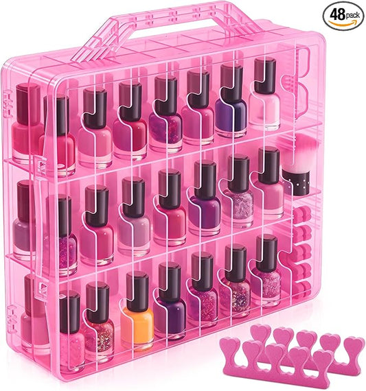 DreamGenius Nail Polish Organizer Case for 48 Bottles with 2 Nail Separators, Double Side Gel Nail Polish Holder with Adjustable Dividers, Pink