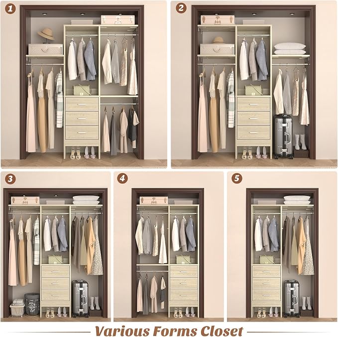 Besiost 4FT Small Closet System with 3 Fabric Drawers, 48'' Closet Organizer System With 3 Adjustable Shelves, Flexible Built-In Clothes Garment Rack for Small Space, 48" L x 13" W x 71" H, Light Oak