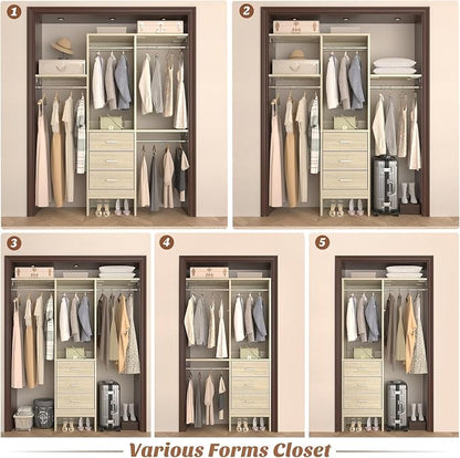 Besiost 4FT Small Closet System with 3 Fabric Drawers, 48'' Closet Organizer System With 3 Adjustable Shelves, Flexible Built-In Clothes Garment Rack for Small Space, 48" L x 13" W x 71" H, Light Oak