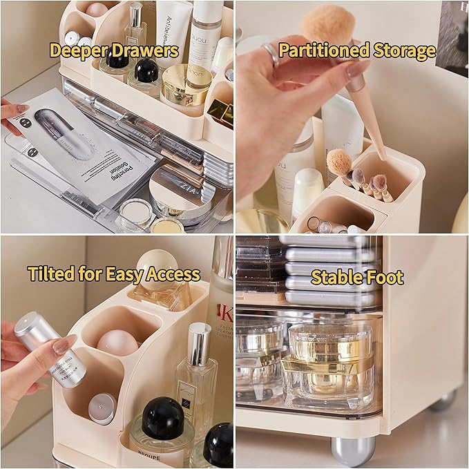 Extra Large Makeup Organizer with 2 Wide Drawers Divided Top Compartment, Spacious Cosmetic Display Case, 4 Colors Skincare Storage box for Vanity and Countertop (Green)