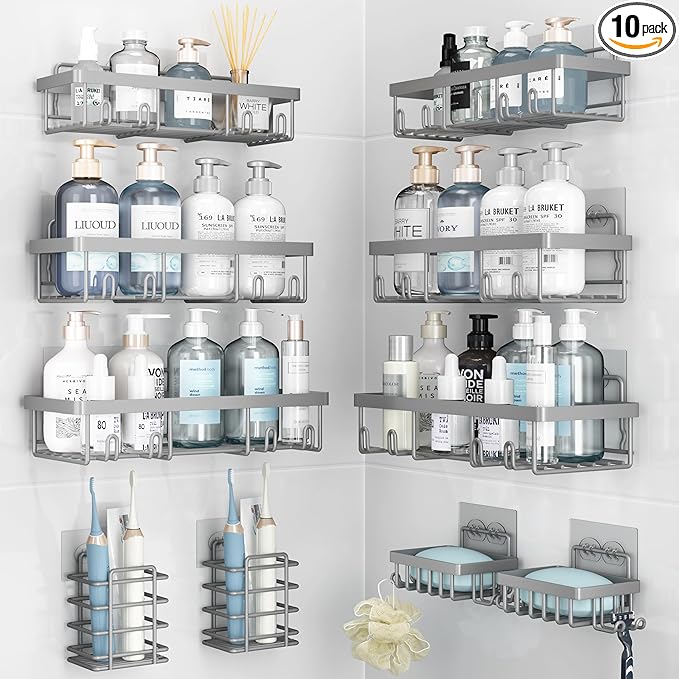 Liuoud 10 Pack Shower Caddy Organizer Rack Shelf for Inside Shower, Self Adhesive Wall Storage Basket Rustproof Stainless Steel Shampoo Holder Bathroom Accessory Decor Set, Grey