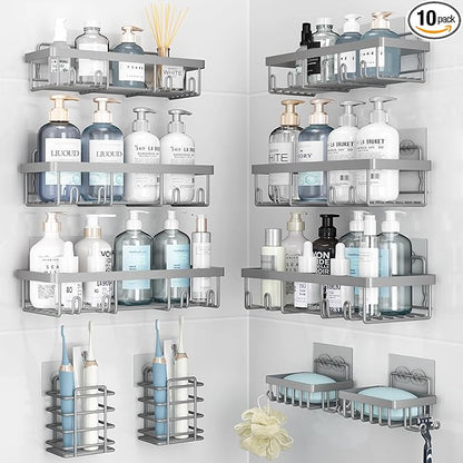 Liuoud 10 Pack Shower Caddy Organizer Rack Shelf for Inside Shower, Self Adhesive Wall Storage Basket Rustproof Stainless Steel Shampoo Holder Bathroom Accessory Decor Set, Grey