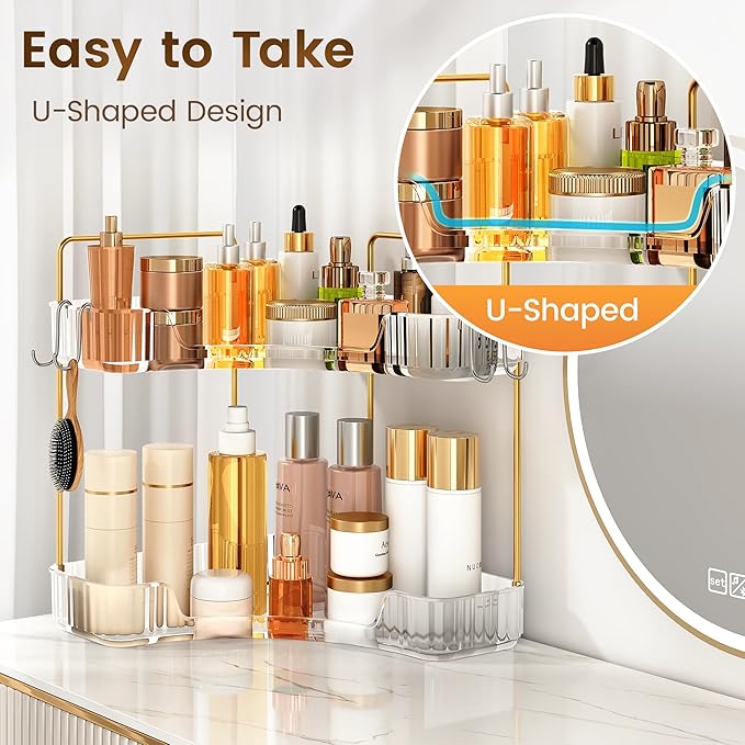 Corner Bathroom Counter Organizer 2 Tier Bathroom Organizers and Storage Countertop with Hooks Skin Care Exquisite Vanity Organizer Countertop Bathroom Storage Dresser, Kitchen-Clear