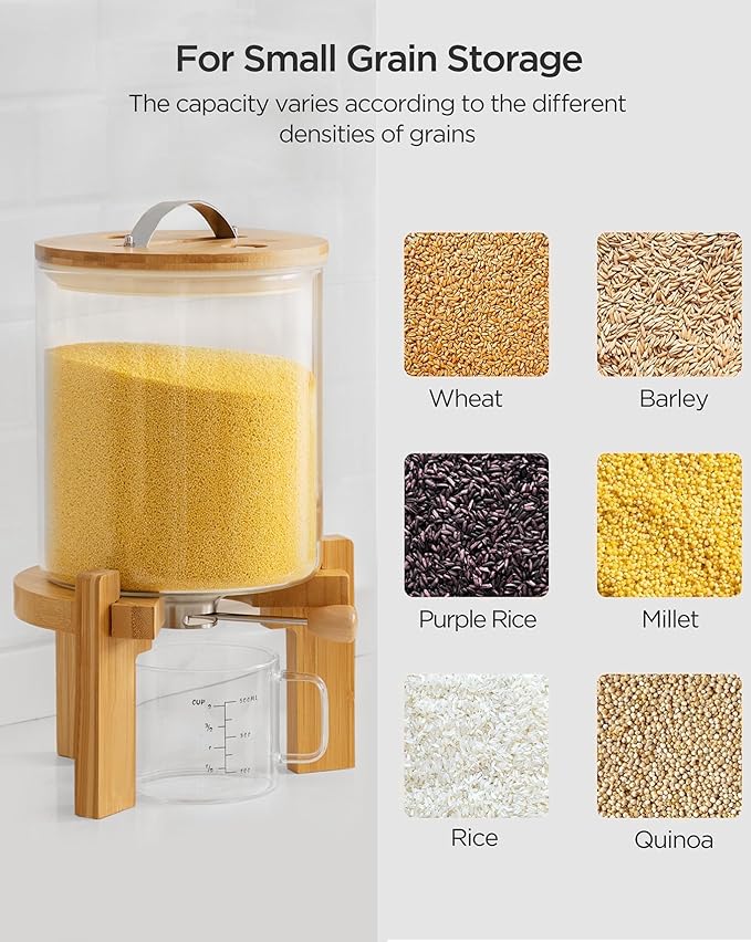 HBlife 8-10 Lbs Glass Rice Dispenser with Wooden Stand Flour and Cereal Container with Glass Measuring Cup Pantry Food Organization Storage Bin with Airtight Bamboo Lid, 5L (2 Pack)