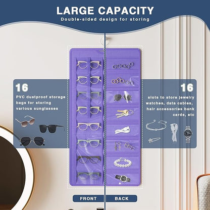 Hanging Sunglasses Organizer and Storage, Dual-Sided Sunglasses Case and Jewelry Holder, Wall-Mounted, 32 Clear Slots, Dust-Proof, Roof Design for Travel, Purple