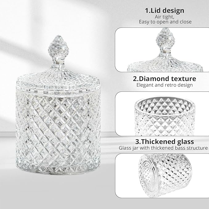 R FLORY 2 Pack Qtip Holder Glass Apothecary Jars with Lids Bathroom Storage Organizer for Cotton Swabs, Balls, Pads, Floss Picks, Vanity Storage Containers for Makeup, Candy, Jewelry (10+24oz, Clear)