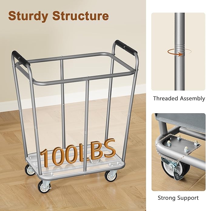 Hoctieon Large Laundry Cart with Wheels, 300L Heavy Duty Laundry Basket Organizer, Rolling Hamper Sorter for Clothes Storage, Industrial Dirty Clothes Hamper for Home & Hotel, Gray