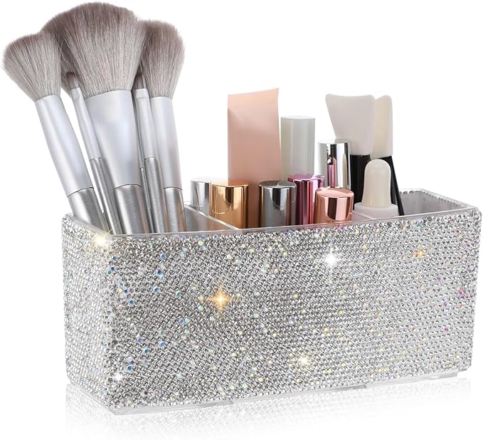 TEHAUX Bling Makeup Organizer for Vanity with 3 Compartments Rectangular Cosmetic Storage Box for Desk Makeup Brushes Lipsticks - Elegant Rhinestone Design 2.87 X 7.28 X 2.87 Inches