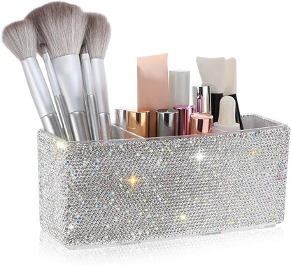 TEHAUX Bling Makeup Organizer for Vanity with 3 Compartments Rectangular Cosmetic Storage Box for Desk Makeup Brushes Lipsticks - Elegant Rhinestone Design 2.87 X 7.28 X 2.87 Inches
